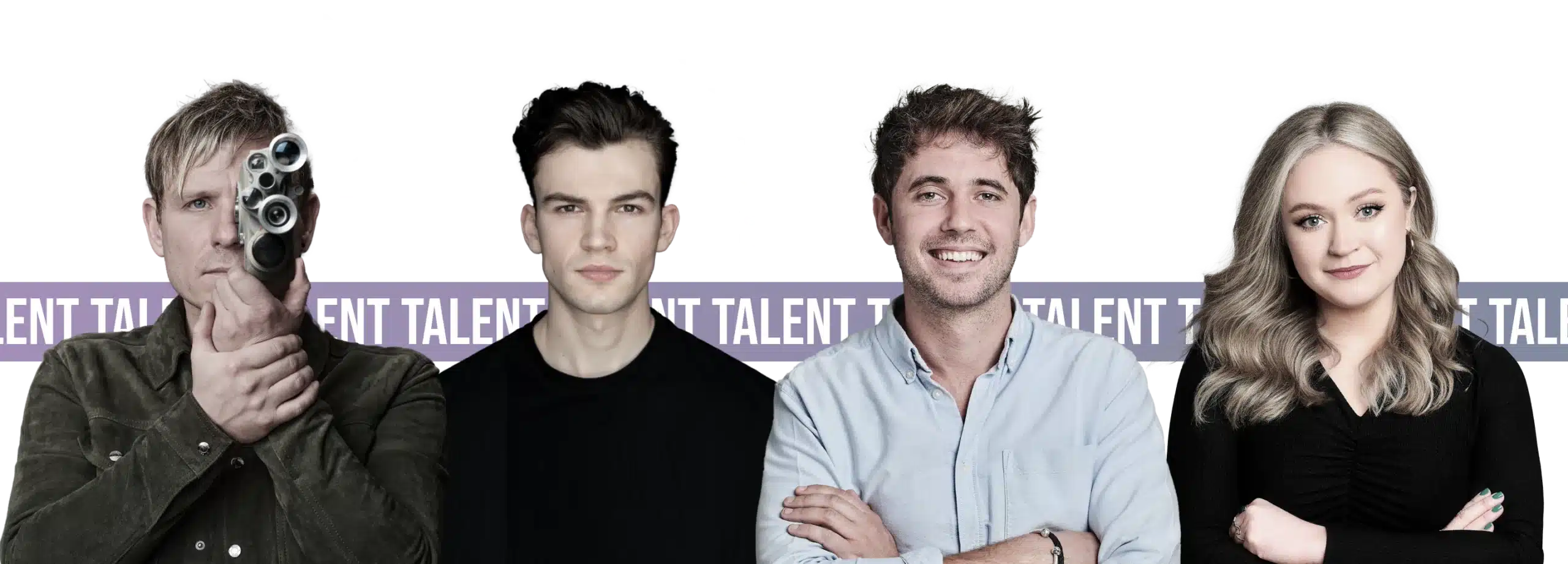 Four Individuals Are Standing Side By Side Against A Background With The Text &Quot;Talent Talent&Quot; Repeated Horizontally. From Left To Right: A Person Holding A Camera To Their Eye, A Person In A Dark Sweater, A Person In A Light Blue Shirt Smiling With Crossed Arms, And A Person In A Black Top. Meet The Dragonfly Team! Four individuals are standing side by side against a background with the text "TALENT TALENT" repeated horizontally. From left to right: a person holding a camera to their eye, a person in a dark sweater, a person in a light blue shirt smiling with crossed arms, and a person in a black top. Meet the Dragonfly Team!