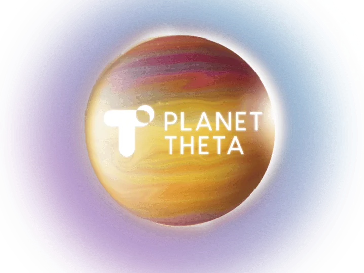 A stylized planet with swirling colors of yellow, orange, and pink against a blue backdrop serves as the perfect canvas for video advertising. Overlaid on the planet are the white words “Planet Theta” with a simple, abstract logo to the left.