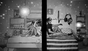 A monochrome illustration shows a couple sitting on a bed divided by a black vertical line. On the left, a woman is holding a cat. On the right, a man wears a VR headset, immersed in video advertising. Their room is split with different elements, and stars fill the background.