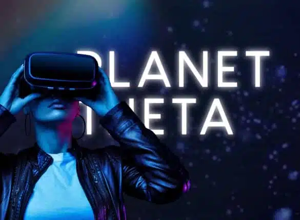A person wearing a virtual reality headset stands in front of a sign that says "PLANET META." The dark background, scattered with glowing elements, creates a futuristic ambiance. Partially illuminated, the individual wears a leather jacket and white shirt—perfect for captivating video advertising.