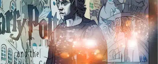 A digitally illustrated person in casual clothing looks thoughtful, standing against a background featuring Harry Potter-themed graffiti art. Bright, abstract light effects overlay the scene, creating a magical atmosphere reminiscent of a promotional video.