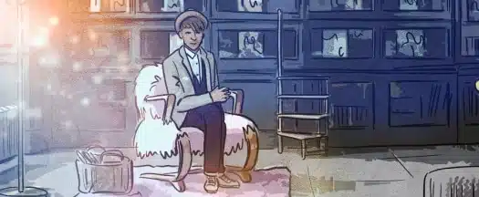 An artistic drawing depicts a person comfortably seated in an armchair. The setting, reminiscent of a case study setup, suggests a cozy indoor space with shelves filled with books or other items in the background. The ambient lighting adds a warm, soft glow to the scene.