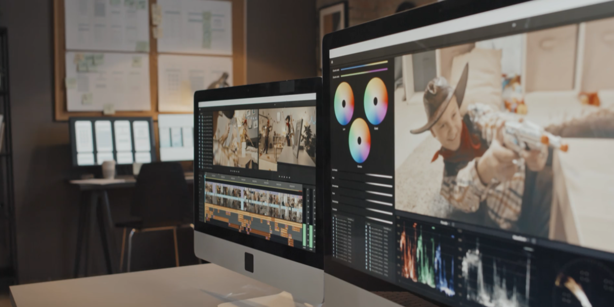 Two desktop monitors display video editing software. The left monitor shows a video timeline with multiple clips, while the right monitor shows a frame of a cowboy aiming a toy gun. Behind the monitors, a bulletin board and empty chairs are visible in the dimly lit editing room.