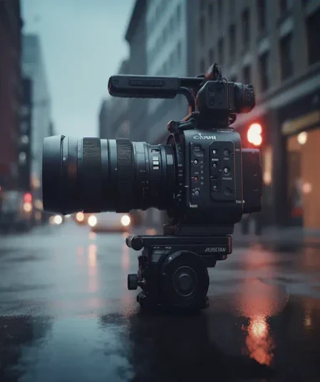 A professional video camera with a mounted microphone and large lens is set up on wet pavement in an urban street during early evening. The street is lined with buildings, and blurred lights in the background indicate traffic and illuminated windows, showcasing essential video production resources.