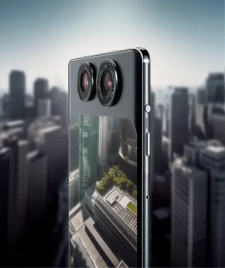 Smartphone with a dual-lens camera viewed from the side; the city skyline is reflected on its glossy surface. The phone appears modern and sleek, with a focus on the camera's lenses, perfect for video production resources, and a blurred urban background.