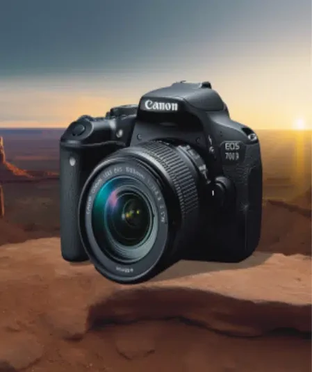 A Canon EOS 700 D camera sits on a rocky surface with a scenic sunset in the background, highlighting a vast, canyon-like landscape. The camera's lens reflects some of the ambient light, emphasizing its glass elements—a perfect addition to your video production resources.