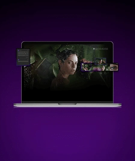 A laptop with a video editing software displayed on the screen. The video shows a person with a green backdrop, and additional smaller windows and tools surround the main video footage, highlighting essential video production resources. The background gradient of the image is dark purple.