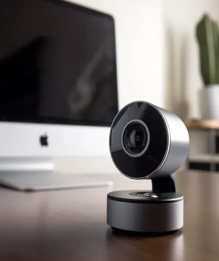 A modern webcam with a sleek, cylindrical design is placed on a wooden desk in front of a blurred computer monitor and keyboard. A green plant adds a touch of nature to the workspace, creating an ideal setup for utilizing video production resources efficiently.