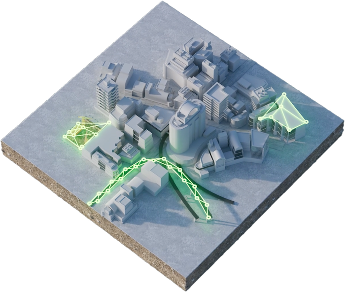A three-dimensional model of a small urban area with various gray buildings, enhanced by bright green neon lines forming geometric shapes above the structures, creates a striking contrast. The layout appears as if viewed from an aerial perspective, making it perfect for video production services looking for unique visuals.