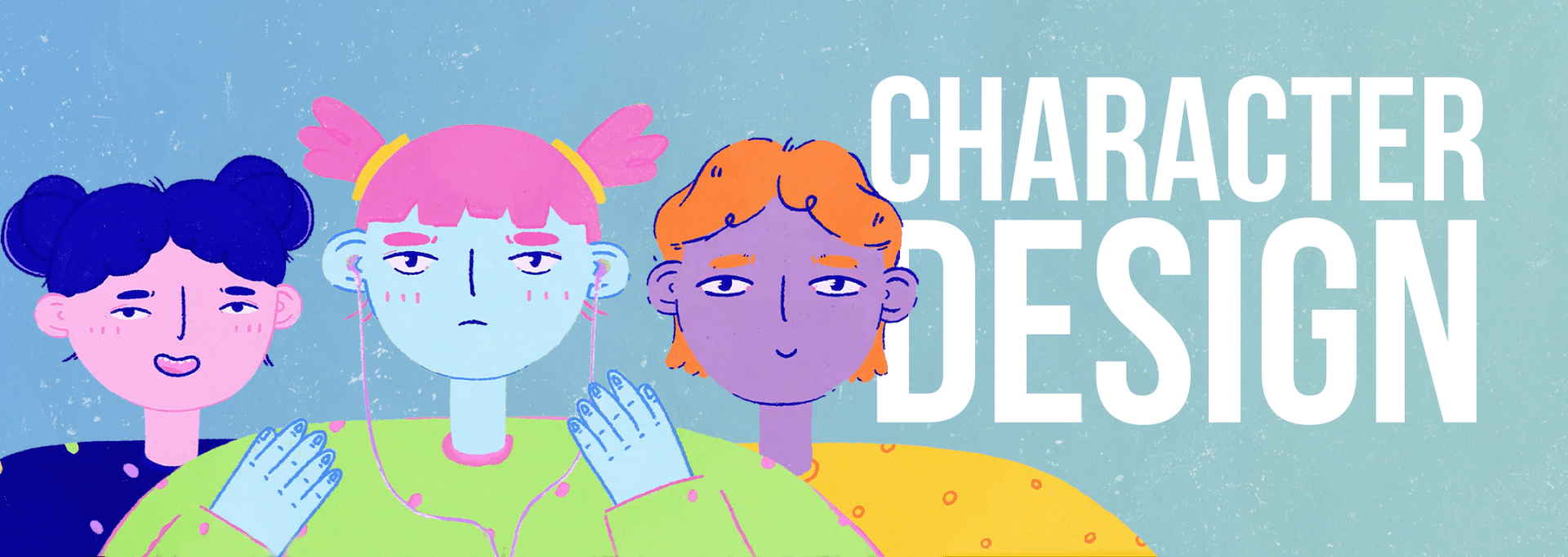 An illustration of three stylized characters with various hair colors and styles against a blue background. The characters have simplistic, colorful designs. An acorn is subtly placed near one character, adding charm. Bold white text on the right reads "Character Design.