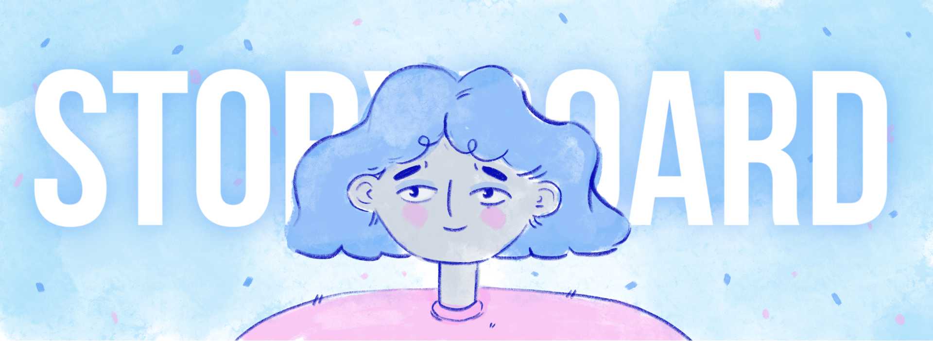 Illustration of a person with blue hair and a pink top, centered against a blue background. The word "STORYBOARD" is prominently displayed in white capital letters behind them. Confetti-like dots are scattered throughout the background, adding an acorn-inspired touch to the festive scene.