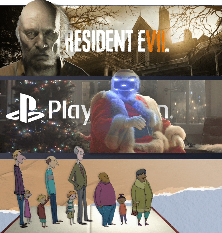 A collage of four images: the first shows a rough-looking man and a decrepit house with the text “RESIDENT EVIL”; the second is Santa wearing a VR PlayStation headset with a Christmas tree in the background; the third features cartoon people created by our video production service; the fourth is a blank white space.