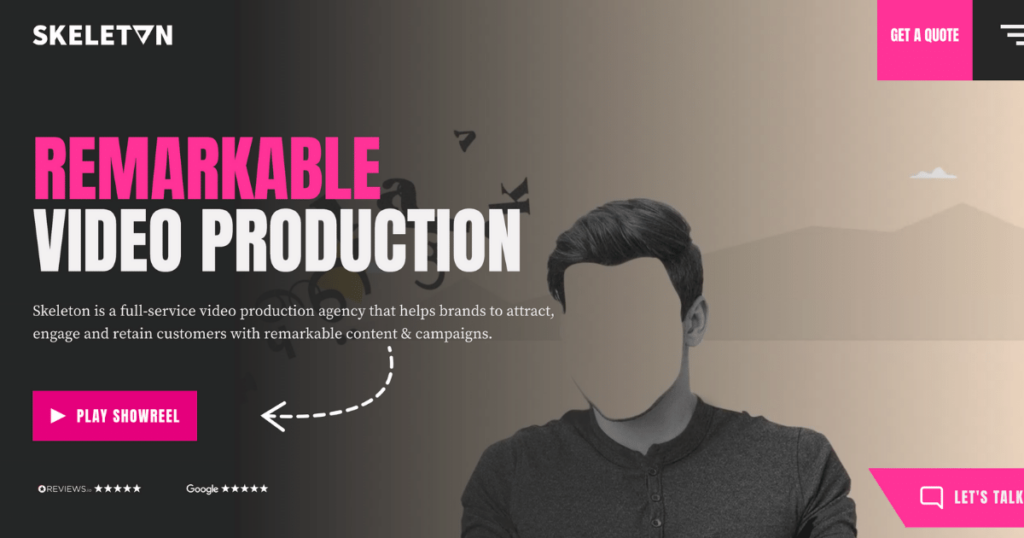 A Web Page For Skeleton, A Top 10 Video Production Company. The Page Features Bold Text Stating &Quot;Remarkable Video Production&Quot; With A Brief Description Underneath. A Prominent &Quot;Play Showreel&Quot; Button With An Arrow Points To It. The Top Right Corner Has A &Quot;Get A Quote&Quot; Button. A web page for Skeleton, a top 10 video production company. The page features bold text stating "Remarkable Video Production" with a brief description underneath. A prominent "Play Showreel" button with an arrow points to it. The top right corner has a "Get a Quote" button.