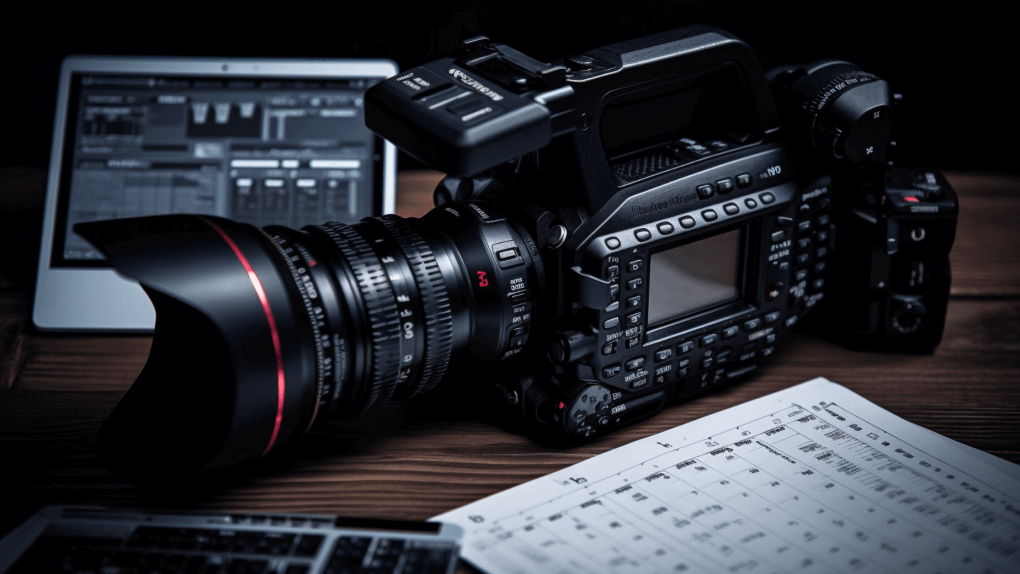 A professional video camera with a large lens is placed on a wooden desk next to an open laptop displaying editing software. Sheets of paper filled with notes or a script lie in the foreground, highlighting a video production workspace focused on maximizing ROI on video content.