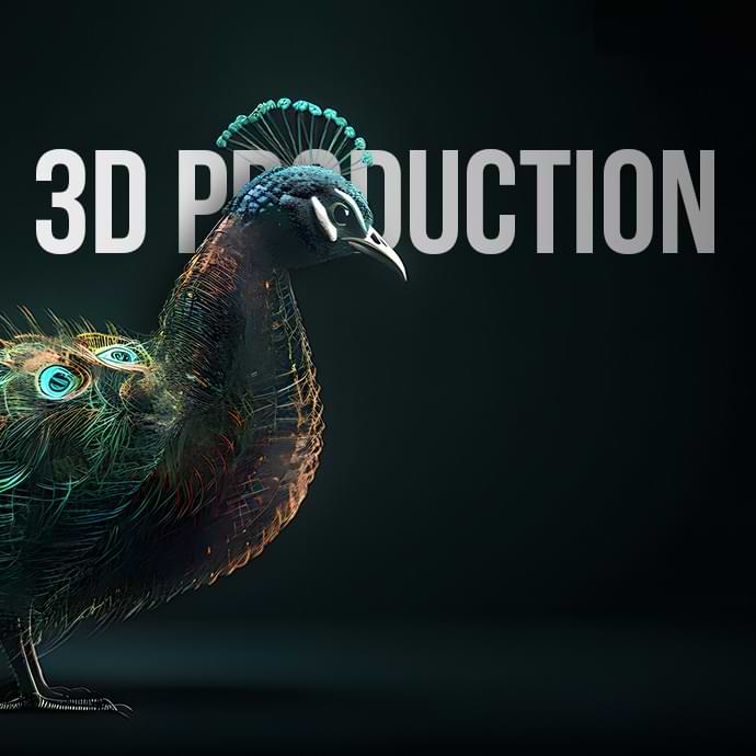 A digitally rendered peacock with vibrant colors and intricate details stands against a dark background. "3D PRODUCTION" is boldly written in large letters behind the peacock, emphasizing the focus on 3D design and production.
