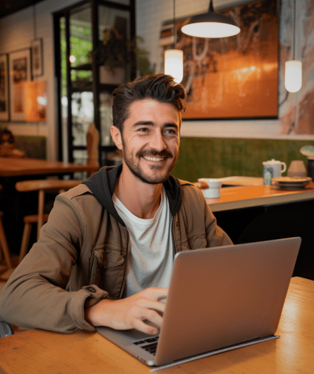 A smiling man with short dark hair and a beard is sitting at a wooden table in a cozy café, working on his laptop. Wearing a tan jacket over a white shirt, he appears focused on sourcing video production resources. The café's warm lighting, plants, and framed artwork create an inviting atmosphere.