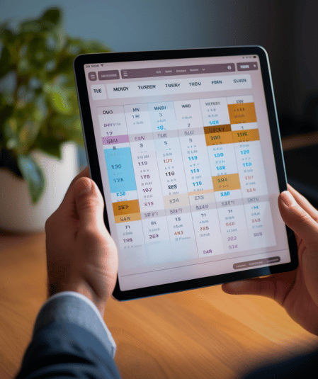 A person, wearing a suit, holds a tablet displaying a digital calendar with entries in various colors. The background features an indoor setting with a blurred plant on a table. The screen shows focus on a week with highlighted tasks and appointments, possibly related to video production resources.