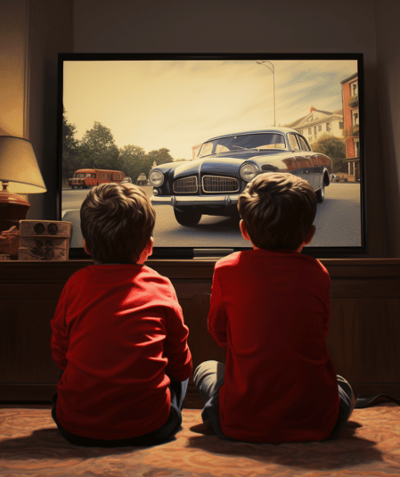 Two young children, wearing red shirts, are sitting on the floor with their backs to the camera, watching a TV show featuring a vintage car driving on a city street. The cozy scene is enhanced by warm indoor lighting and a table lamp beside the television, creating an atmosphere akin to well-planned video production resources.