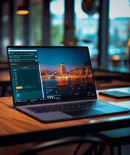 A laptop displaying a cityscape image and a dark-themed software interface, complete with video production resources, is placed on a wooden table in a modern, well-lit cafe. A smartphone lies next to the laptop. The blurred background showcases large windows and the interior of the cafe.