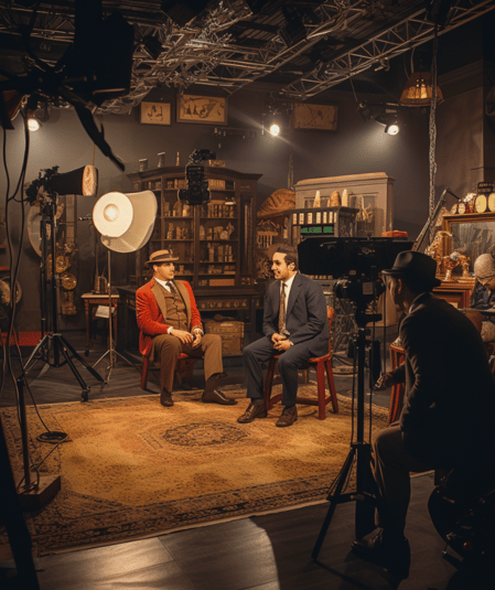 Two people dressed in vintage attire sit on chairs in a warmly lit studio, surrounded by antique furniture and decorations. They are engaged in a conversation while a person in the foreground utilizes video production resources, operating a camera to record the scene.