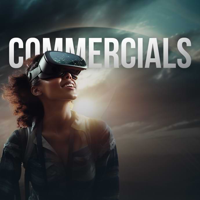 A person wearing a virtual reality headset looks upwards, smiling against a dramatic, cloudy sky backdrop illuminated by ethereal light. The word "COMMERCIALS" is boldly displayed at the top of the image.