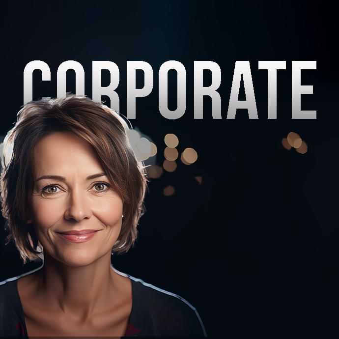 A woman with short brown hair smiles at the camera, against a dark background with blurred lights. The word "CORPORATE" is prominently displayed in large, uppercase letters above her head.