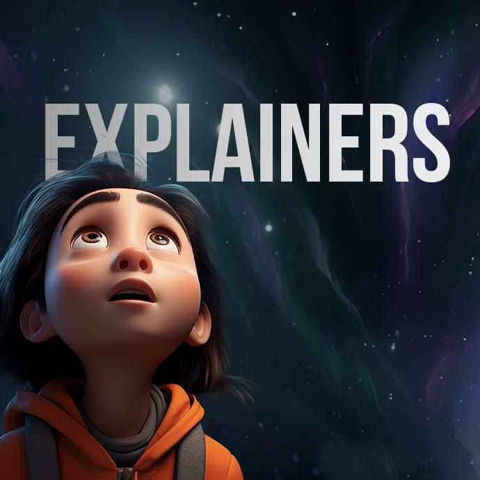 An Animated Young Girl With Wide Eyes, Black Hair, And A Bright Orange Hoodie Looks Amazed At The Word &Quot;Explainers&Quot; Written Above Her Against A Starry Night Sky Background With Green And Purple Nebulae. An animated young girl with wide eyes, black hair, and a bright orange hoodie looks amazed at the word "EXPLAINERS" written above her against a starry night sky background with green and purple nebulae.