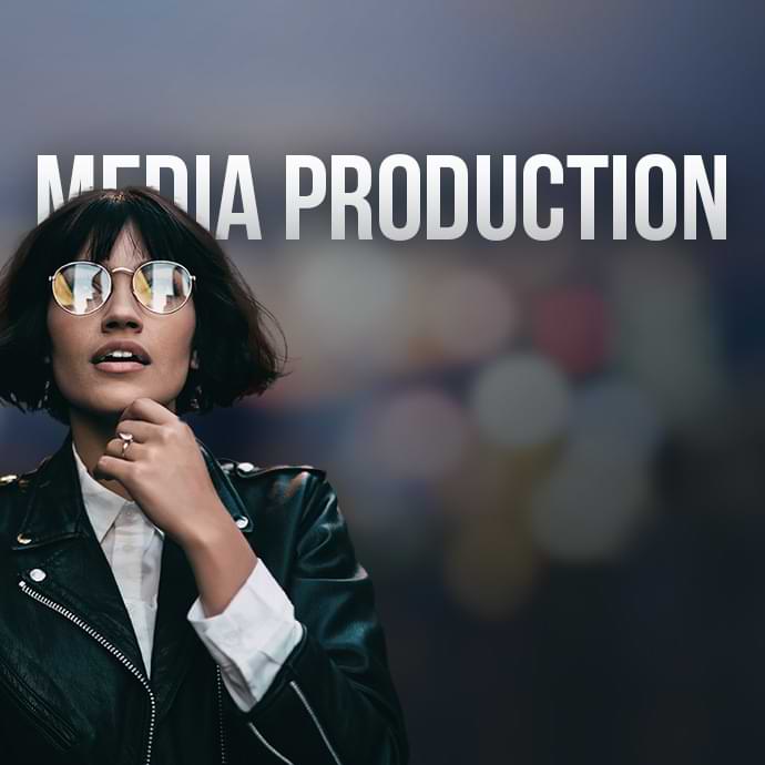 A person wearing sunglasses and a black leather jacket is posed with their hand near their mouth. The background is blurred with varied lighting, and bold white text at the top reads "MEDIA PRODUCTION.