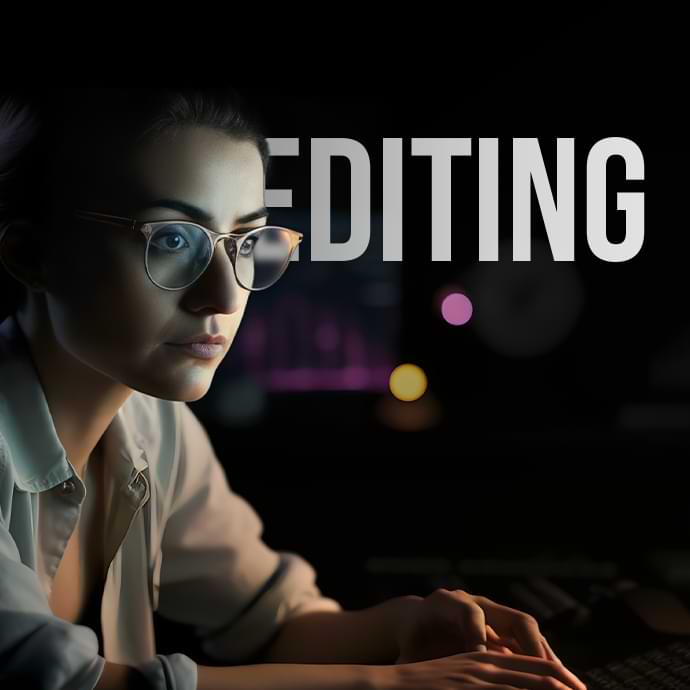 A person with glasses and a serious expression works on a computer in a dimly lit room. The word "EDITING" is prominently displayed in large, bold letters across the top half of the image. The background is dark with faint, colorful lights.