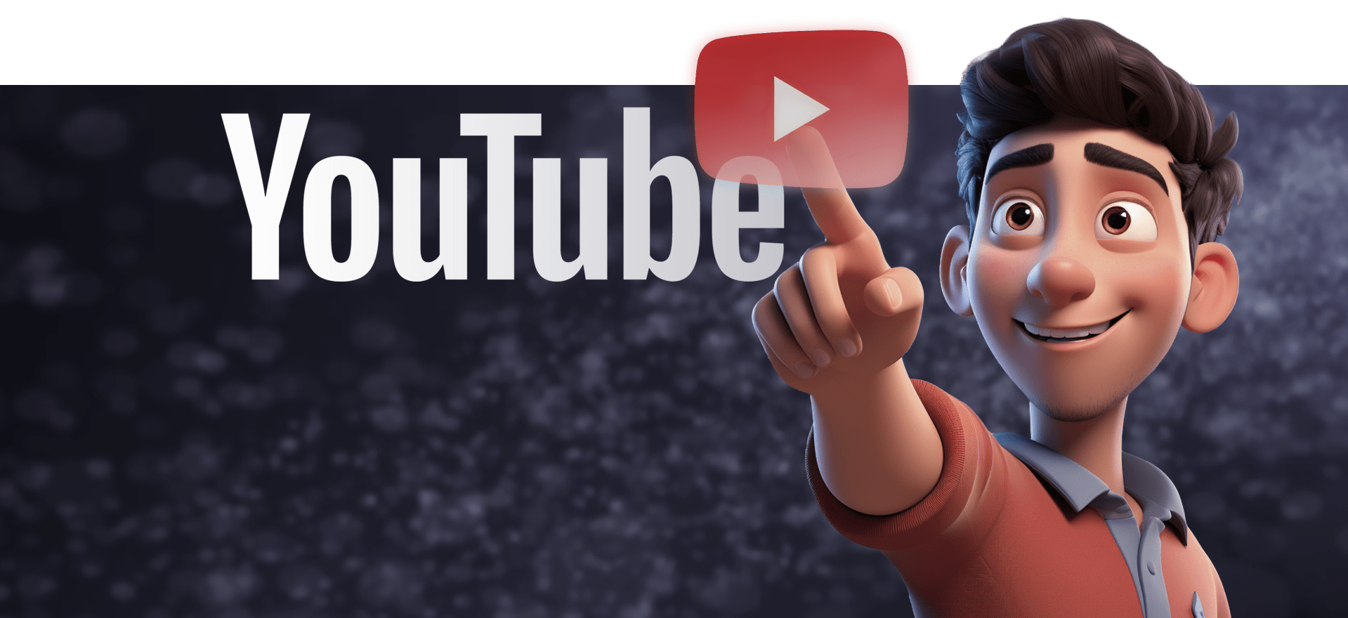 A 3D Animated Character With Dark Hair And A Friendly Smile Points At A Large Youtube Logo On A Dark, Speckled Background. The Character Wears A Red Shirt And Blue Undershirt, Looking Excited Or Happy. A 3D animated character with dark hair and a friendly smile points at a large YouTube logo on a dark, speckled background. The character wears a red shirt and blue undershirt, looking excited or happy.
