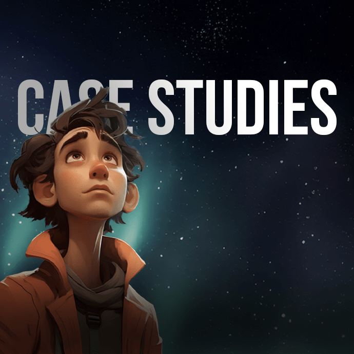 A Digital Illustration Of A Young Person With Short, Tousled Hair Looking Up. They Are Wearing An Orange Jacket Over A White Shirt. Behind Them Is A Starry Night Sky. The Text &Quot;Case Studies&Quot; Appears In Bold White Letters At The Top Of The Image. A digital illustration of a young person with short, tousled hair looking up. They are wearing an orange jacket over a white shirt. Behind them is a starry night sky. The text "CASE STUDIES" appears in bold white letters at the top of the image.