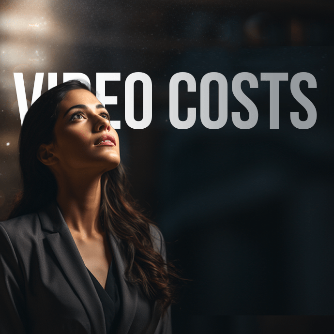 A person with long, wavy hair, wearing a dark blazer, looks upwards with a contemplative expression. The words "VIDEO COSTS" are prominently displayed in bold white letters above them. The background is dark and blurred, focusing attention on the person.