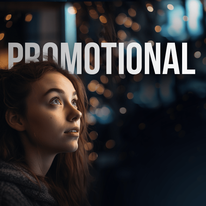 A young woman with long hair gazes upward with a thoughtful expression. The background is dark and out of focus, featuring glowing lights that create a bokeh effect. The word "PROMOTIONAL" appears prominently above her head.