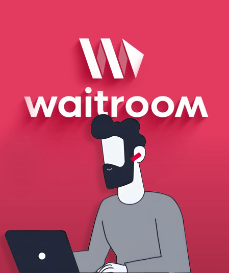 Illustration Of A Man With A Beard Working On A Laptop While Wearing Red Earbuds. Behind Him Is The Logo And Name &Quot;Waitroom&Quot; On A Pink Background. The Logo Consists Of A Stylized &Quot;W&Quot; In White. Illustration of a man with a beard working on a laptop while wearing red earbuds. Behind him is the logo and name "waitroom" on a pink background. The logo consists of a stylized "W" in white.
