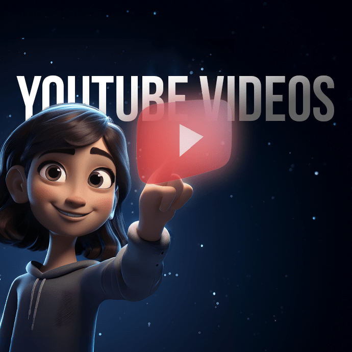 A 3D animated character with short dark hair and a hoodie is looking at the camera and pointing up with one hand. In the background, the words "YouTube Videos" are displayed, with a red play button icon between them. The background has a night sky with stars.