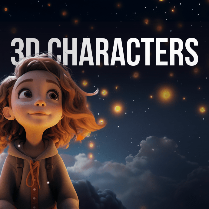 A 3D character with wavy hair, wearing a hoodie, gazes upwards with a smile against a starry night sky background. The text "3D CHARACTERS" is displayed at the top, with clouds visible below.