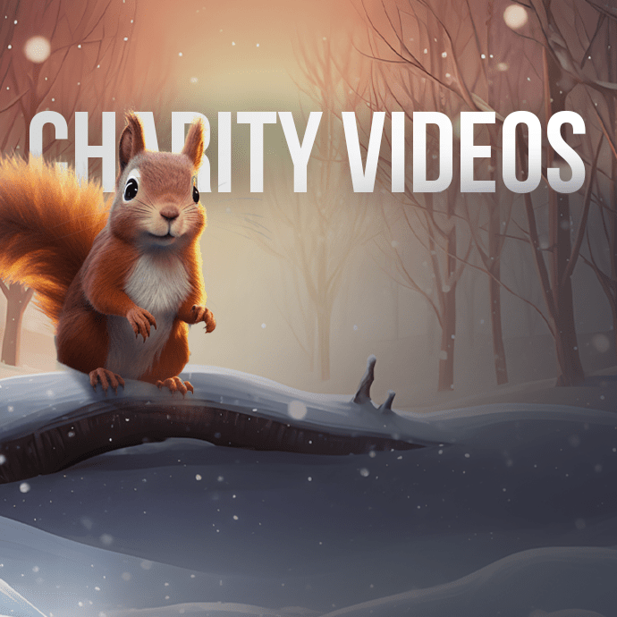 A Cute, Animated Squirrel Stands On A Snow-Covered Log In A Winter Forest Beneath A Sky Glowing With Warm Light. The Text &Quot;Charity Videos&Quot; Appears In Large, White Capital Letters Above The Squirrel. Snowflakes Gently Fall Around The Scene. A cute, animated squirrel stands on a snow-covered log in a winter forest beneath a sky glowing with warm light. The text "CHARITY VIDEOS" appears in large, white capital letters above the squirrel. Snowflakes gently fall around the scene.