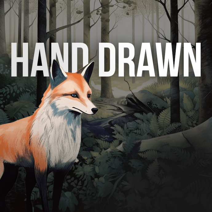 Illustration of a fox standing in a dense forest filled with ferns and trees. The image has the words "HAND DRAWN" in large, bold letters at the top.
