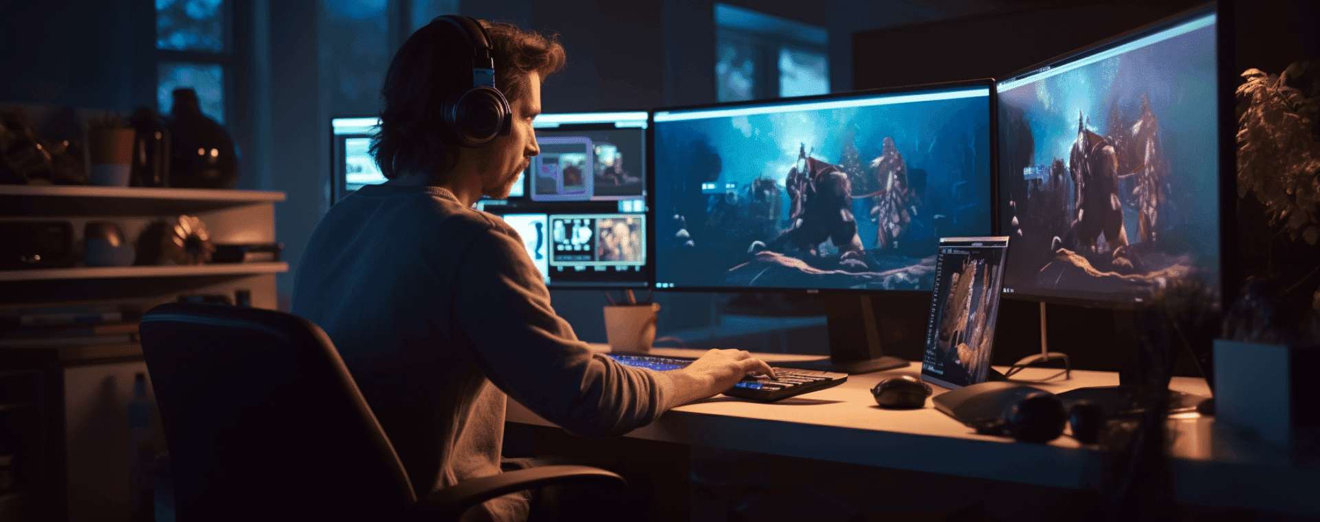 A person with headphones sits at a desk in a dimly lit room, focused on a computer setup with multiple monitors displaying game graphics and video editing software. The workspace is organized with various tech equipment, decorative items, and reference materials for b2b marketing strategies.