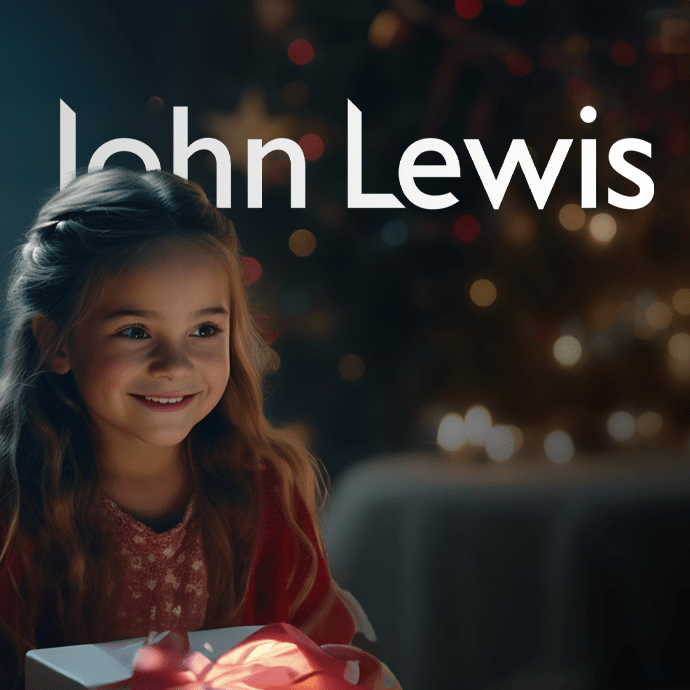 A young girl with long hair, wearing a red sweater, smiles in front of a brightly lit Christmas tree with ornaments. She is holding a gift box with a red ribbon. The text "John Lewis" appears at the top of the image.