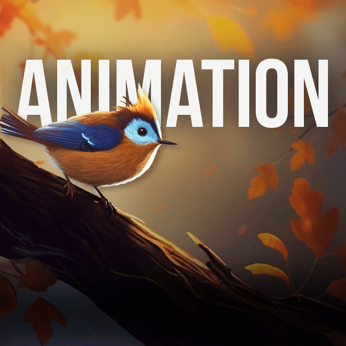 An animated bird with vibrant orange, blue, and white feathers perched on a branch against a warm autumnal background with falling leaves. The word "ANIMATION" is prominently displayed in bold, white letters at the top of the image.