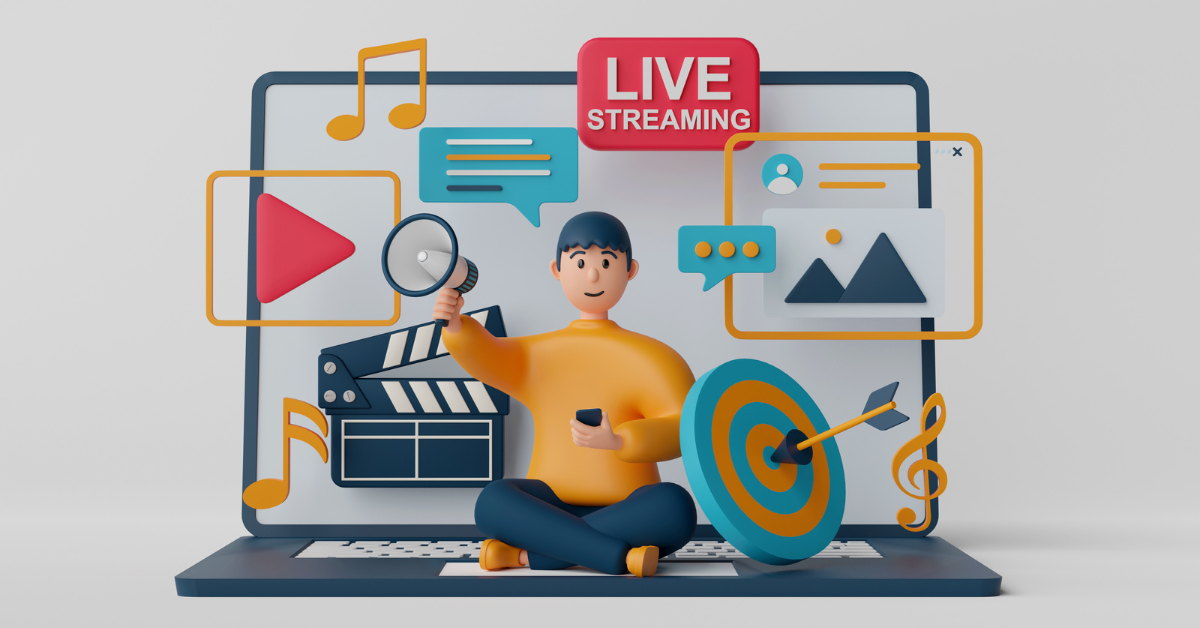 Illustration of a person sitting cross-legged on a laptop keyboard, surrounded by icons representing live streaming, music, video play, clapperboard, target, chats, and a picture frame. The person is holding a megaphone and smartphone, symbolizing media engagement and advertising video production.
