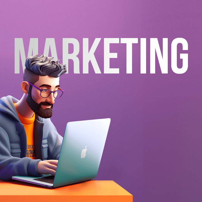 Illustration of a person with glasses and a beard, working on a laptop, with a gradient purple background. The word "MARKETING" is prominently displayed in bold, white letters behind them. The person appears focused and engaged in their work.