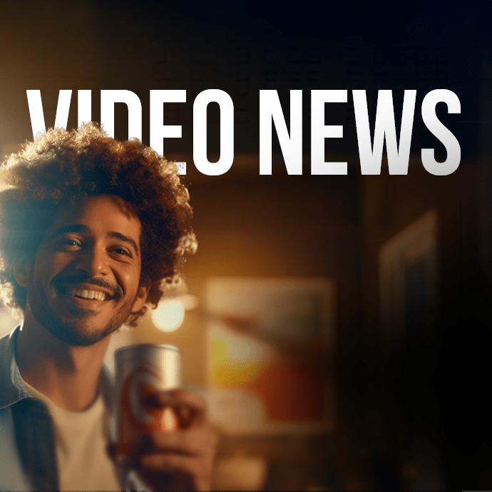 A smiling man with curly hair holds a can of soda. The words "VIDEO NEWS" are in large, bold letters above him. The background is blurred, emphasizing the man and the text.