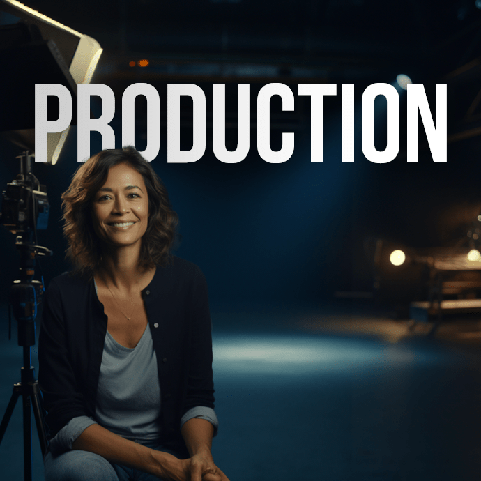 A woman sitting on a stool in a dimly lit studio with professional lighting equipment around her. The word "PRODUCTION" is prominently displayed at the top of the image. She is smiling and appears relaxed.
