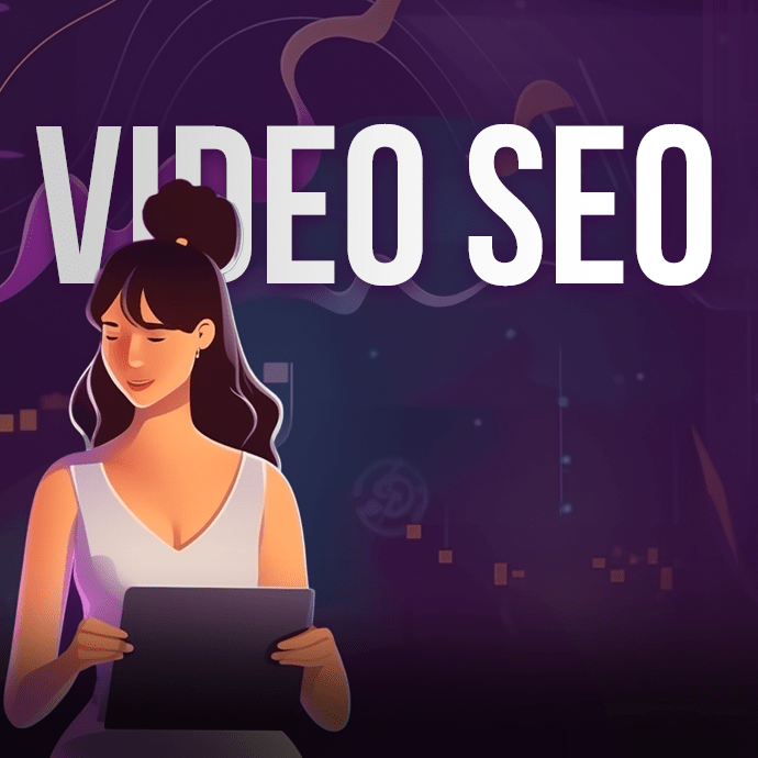 Illustration of a woman holding a tablet, with the text "VIDEO SEO" above her against a purple background that includes abstract shapes and digital elements.