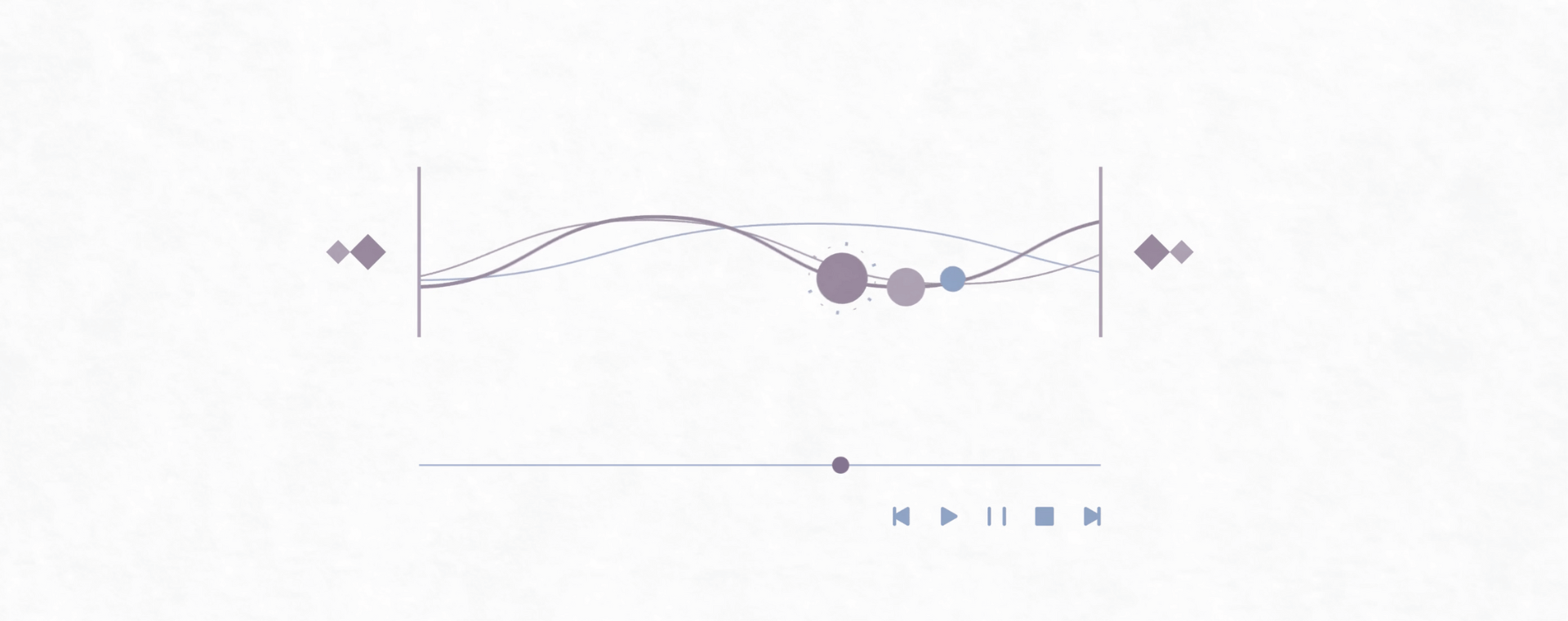 A minimalist audio visualization graphic with wavy lines and several nodes moving along the curves, perfect for top 10 explainer videos. Below it, there's a horizontal progress bar with a draggable circle and playback control icons (back, play, pause, forward) beneath the bar.