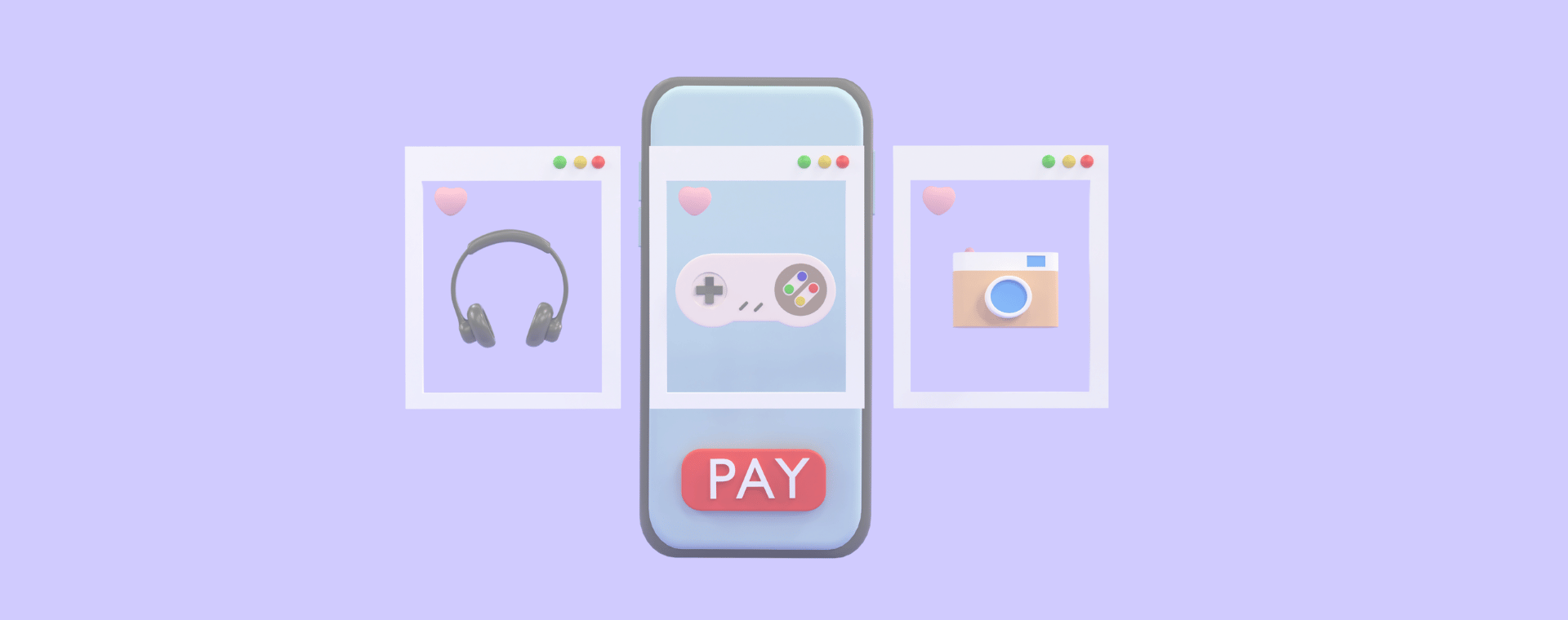 A smartphone with a "PAY" button on its screen is centered. Behind it are three framed product images: headphones on the left, a game controller in the middle, and a camera on the right. The scene, set against a light purple background, resembles an app promo video showcasing diverse tech products.