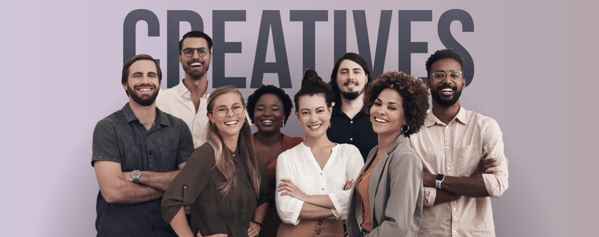 A diverse group of eight smiling people, both men and women, stands together in casual and professional attire against a gradient background. The word "CREATIVES" is displayed in bold letters behind them, highlighting their expertise in AI and video production.