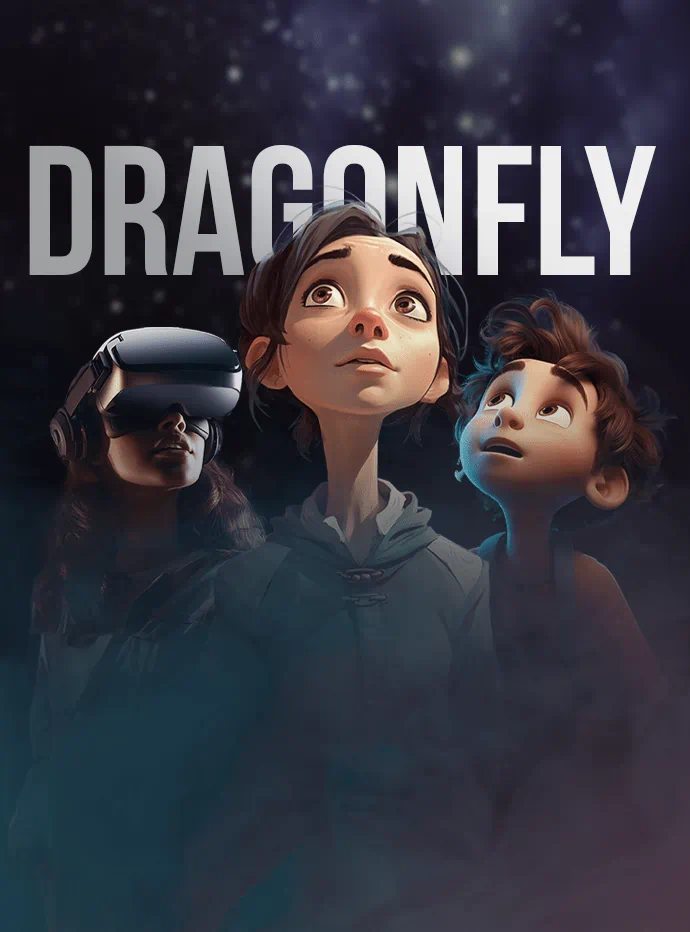 Three animated characters in front of a starry background look upwards towards the text "DRAGONFLY." The character on the left wears a VR headset, the middle one gazes up with a hopeful expression, and the character on the right appears curious and intrigued. A top video production company London ensures this captivating scene comes to life.